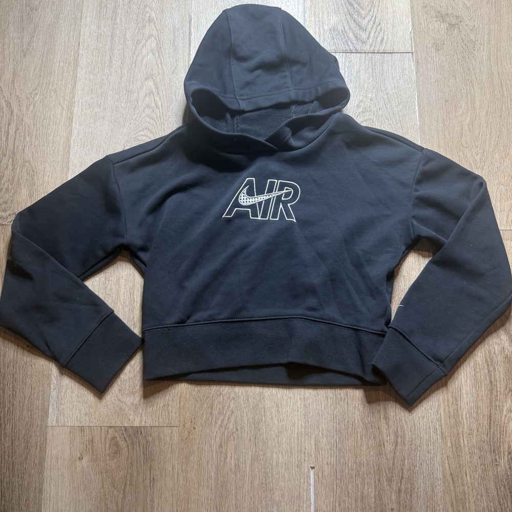 Nike Girl's NSW Air Crop Hoodie Black White Logo Medium NEW